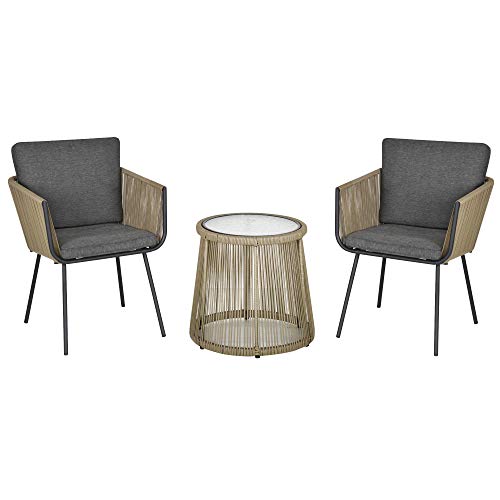 Ensemble Salon de Jardin 3 pièces Style Colonial 2 fauteuils avec Coussins Gris + Table Basse résine Filaire Beige Acier époxy Noir