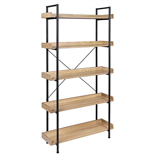WOLTU Étagère de Rangement Bibliothèque en Bois et Métal à 5 Niveaux, Style Industriel 91x25,5x173 cm, Noir+ Chêne Clair RGB12hei