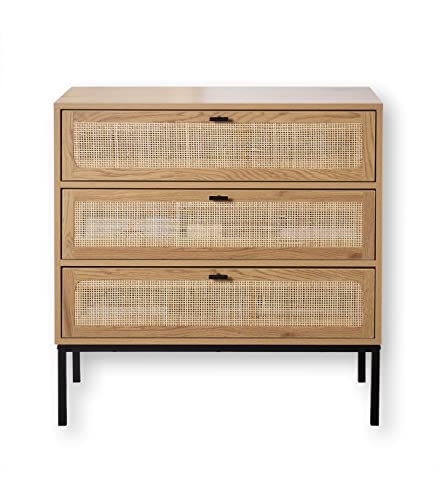 Casâme Commode 3 Tiroirs avec Façade Rotin - Meuble de Rangement pour Chambre ou Salon - Style Industriel - Décor Chêne et Piétement Métal Noir - 80 x 39 x H 79 cm Casâme Commode 3 Tiroirs avec Façade Rotin - Meuble de Rangement pour Chambre ou Salon - Style Industriel - Décor Chêne et Piétement Métal Noir - 80 x 39 x H 79 cm