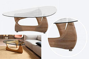 Table Basse de Style Noguchi avec Plateau en Verre Transparent - Table Basse Triangulaire - Style médiator de Guitare - Trépied - Effet Bois Naturel - Table d'appoint - Table Basse.