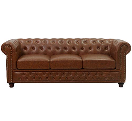 KMH Canapé confortable 3 places Chesterfield avec housse en cuir synthétique marron antique – Canapé rembourré confortable au design vintage