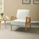 Chaise d'appoint moderne du milieu du siècle chaises rembourrées en velours avec tricot en bambou fauteuil confortable en tissu de lin avec accoudoirs en rotin pour salon,Blanc