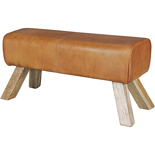 FineBuy Banc Bois Massif Cuir 90 x 43 x 30 cm Style rétro | Rembourré Banc | Banc en Cuir Salle à Manger Brun | Petit Banquette de lit Cuir véritable Banc Couloir