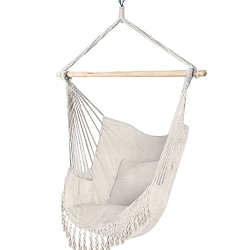 VOUNOT Chaise Suspendue en Coton Doux avec 2 Coussins Siège Suspendu Balançoire Suspendue pour Intérieur et Extérieur Hamac Portable à Franges Beige VOUNOT Chaise Suspendue en Coton Doux avec 2 Coussins Siège Suspendu Balançoire Suspendue pour Intérieur et Extérieur Hamac Portable à Franges Beige