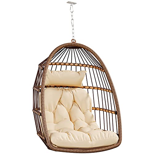 YITAHOME Hanging Egg Chair Max 150kg Hanging Egg Outdoor Garden, 2 Cushions, Sturdy Rattan Frame, 105x74x72cm Indoor with Hanging Chair, Brown & Beige