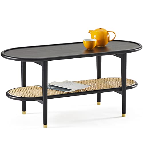 Harmati Table basse pour salon – Table d'appoint noire avec rangement, tables modernes du milieu du siècle, pieds en bois massif et rotin naturel