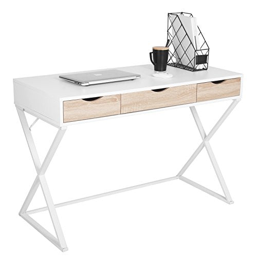 WOLTU TS40ws Bureau Table 110x50x75 cm avec 3 tiroirs,Bureau d'ordinateur Table de Travail en MDF et Acier,Blanc