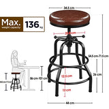 Yaheetech Tabouret de Bar Industriel en Similicuir Tabouret Haut Rond Réglable en Hauteur avec Deux Repose-Pieds Tabouret de Comptoir pour Cuisine Restaurant Design Néo-rétro Marron