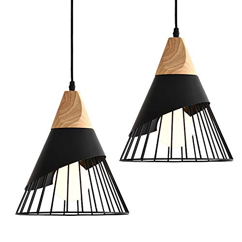 Lustre LED Moderne Simple Cuisine Salon Couloir Suspension Luminaire Créatif Forme de Cône Fer Cage E27 La Longueur est 25CM Haut est 30CM(Noir)2 pièces