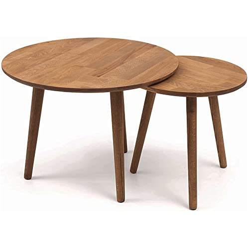 Gozos Oviedo Table Basse Gigognes, Lot de 2 | Table d'appoint Bout de Canapé Élégante en Bois de Hêtre Massif | Table Basse Idéal pour la Décoration de Style Boho | Tabouret à Fleurs | Ø 40 + 60 cm