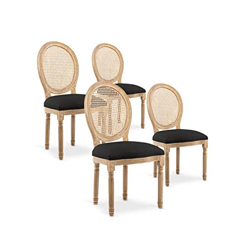 INTENSEDECO Lot de 4 chaises médaillon Louis XVI Cannage Rotin Tissu Noir