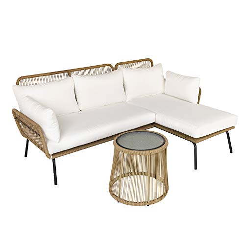 Outsunny Salon de Jardin d Outsunny Salon de Jardin d'angle 4 pers. Style Colonial Table Basse Coussins Grand Confort Inclus résine tressée Beige