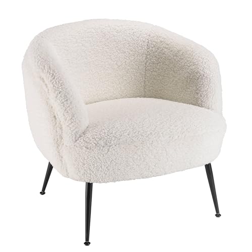 MACABANE ALBANE - Fauteuil Cosy Tissu Bouclette Blanc Pieds métal Noir