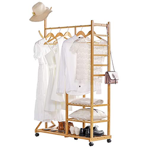 Yorbay 4 en 1 Portant Penderie à Vêtements en Bambou, avec Porte-Manteau sur Le Côté Design Arbre avec des Crochets, 3 Etagères de Rangement, avec Roues Universels Yorbay 4 en 1 Portant Penderie à Vêtements en Bambou, avec Porte-Manteau sur Le Côté Design Arbre avec des Crochets, 3 Etagères de Rangement, avec Roues Universels