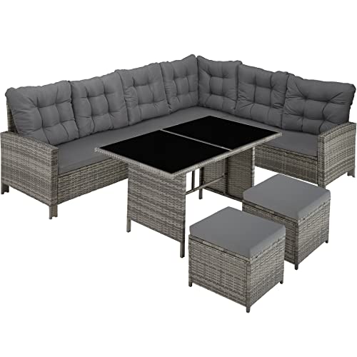 Tectake 800824 Salon de Jardin en Résine Tressée Modulable 1 Canapé d’Angle 1 Table 2 Poufs Tabourets - Diverses Couleurs (Gris tacheté/Gris) Tectake 800824 Salon de Jardin en Résine Tressée Modulable 1 Canapé d’Angle 1 Table 2 Poufs Tabourets - Diverses Couleurs (Gris tacheté/Gris)