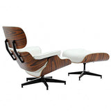 Chaise longue mi-siècle et pouf - Version plus grande - En cuir de fleur - Chaise moderne moderne - En bois massif - Mise à niveau 1 - Noyer crème