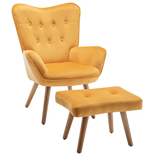 HollyHOME Fauteuil Chaise Scandinaves, Chaise Longue Relax en Velours avec Repose-Pieds, Fauteuil de Salon Chaise de Lecture pour Chambre à Coucher, Jaune