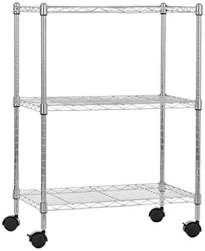 Amazon Basics Étagère 3 niveaux à roulettes, 13.4D x 23.2W x 32.75H cm, Chrome