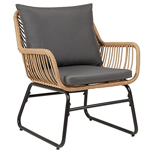 IDIMEX Chaise de Salle à Manger Albedo Imitation rotin, Fauteuil d IDIMEX Chaise de Salle à Manger Albedo Imitation rotin, Fauteuil d'intérieur ou d'extérieur pour Jardin en polyrattan résistant aux UV et Acier Anti-Rouille laqué Noir, avec 2 Coussins Gris