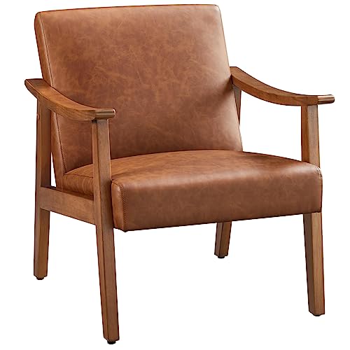 Yaheetech Fauteuil de Salon Confortable Fauteuil Chaise Cadre en Bois d’hévéa pour Salon Chambre Salle de Séjour Bureau Intérieur 62 cm L × 70 cm l × 74 cm H Marron Clair