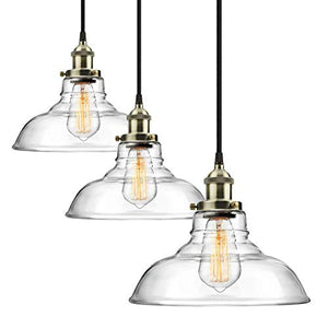 Edison Lot de 3 lampes suspendues industrielles en verre à hauteur réglable antique en laiton brossé E27 Idéal pour la cuisine, la salle à manger, le plafonnier Fixture
