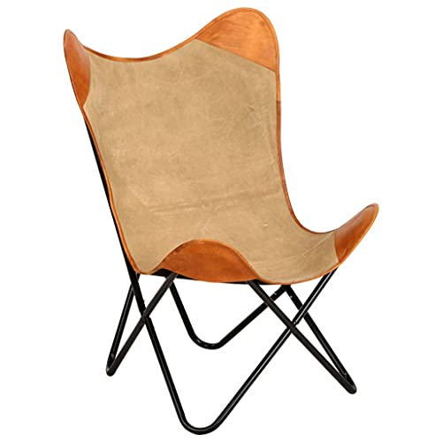 vidaXL Chaise Papillon Chaise de Salon Chaise de Salle de Séjour Chaise de Chambre à Coucher Chaise de Maison Intérieur Marron Cuir Véritable et Toile
