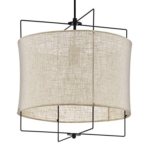 Eglo Suspension Bridekirk - 1 Ampoule - Vintage - Naturelle - Boho - Hygge - en Acier Noir et Textile Naturel - Lampe de Table de Salon Suspendue avec Douille E27 - Diamètre : 40 cm