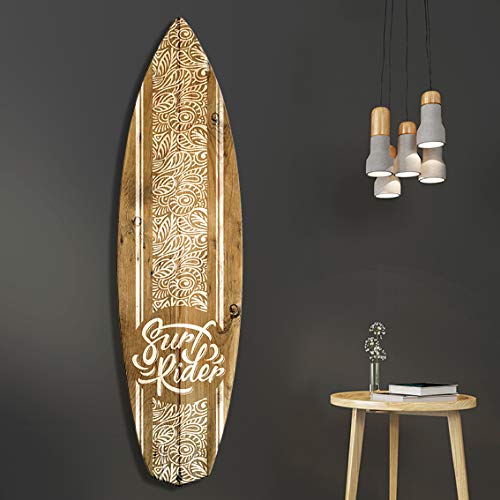 Vertikale Décoration Murale Planche de Surf Effet Bois Motif Polynésien Blanc Surf Rider 150 x 40 cm Format Horizontal