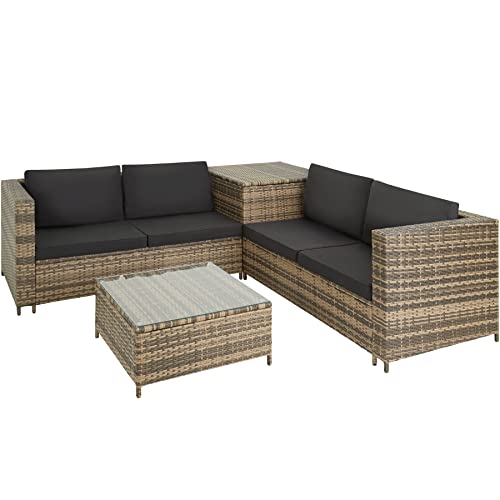 TecTake 800678 Salon de Jardin 4 Personnes en résine tressée, 2 Canapés modulables, Coffre de Rangement et Table Basse en Verre Inclus – Plusieurs Couleurs Disponibles (Marron Naturel/Gris foncé)