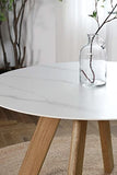 Meubletmoi Table de Repas Ronde 120 cm Plateau en céramique Blanc marbré et 4 Pieds inclinés Bois Clair - Style scandinave - Lilia