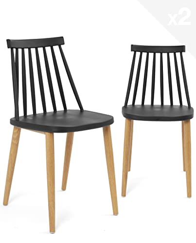KAYELLES Lot de 2 - Chaise de Cuisine bistrot à barreaux BAO (Noir Pied métal façon Bois)