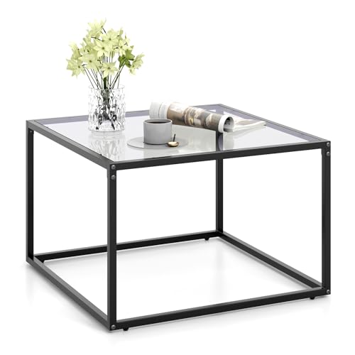 COSTWAY Table Basse Carrée, Table Basse Verre Trempé, Cadre en Métal Noir, Design Minimaliste, Table Salon, Repose-Pieds réglables, Assemblage Facile, 70 x 70 x 45 cm (Gris)