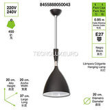 TECNOLUX EURO - Lampe suspendue éclairage moderne Fil Nordic E27 pour Restaurant Chambre Bureau Salle Loft Hall 20 cm de diamètre Couleur noire