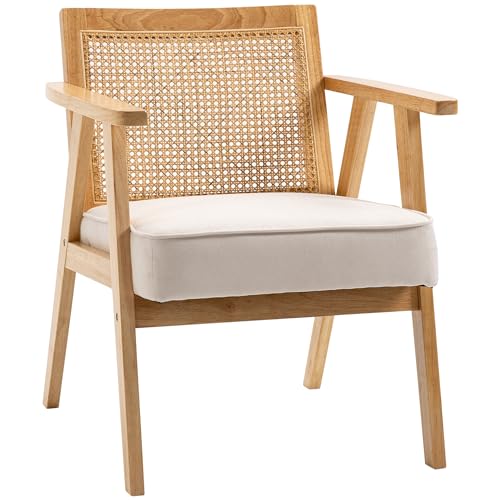 HOMCOM Fauteuil Lounge Chaise en Rotin avec Coussin - Dossier en cannage - Assise Profonde - accoudoirs - Structure Bois hévéa - Aspect Lin Beige