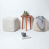 HOMESCAPES Pouf carré tressé en Tricot, Pouf Cube Coloris Blanc cassé, 35x35x35 cm