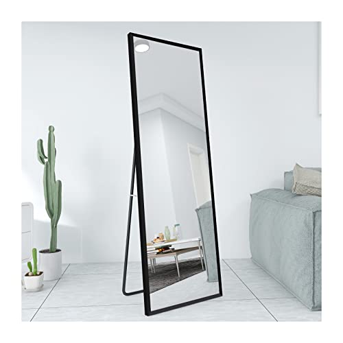 AUFHELLEN Miroir sur Pied 140x50cm avec Cadre en Métal Noir Miroir sur Pied HD Grand Miroir Mural avec Crochets pour Salon, Chambre et Dressing Miroir