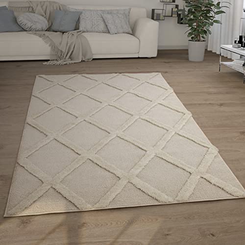 Paco Home Tapis Poils Longs Tapis De Salon Tapis Shaggy Aspect 3D Ethnique Boho Look Vintage Doux, Dimension:200x280 cm, Couleur:Crème 5