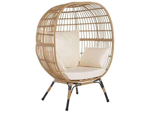 Fauteuil en Rotin Tressé pour Intérieur ou Extérieur avec Coussins Beiges Inclus Id(al pour Jardin ou Terrasse de Style Bohéme Beliani