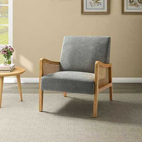 Chaise d Chaise d'appoint moderne du milieu du siècle chaises rembourrées en velours avec tricot en bambou fauteuil confortable en tissu de lin avec accoudoirs en rotin pour salon gris