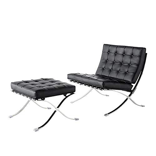 Fauteuil de salon classique - Pliable - En cuir véritable - Avec cadre en acier inoxydable - Pour chambre à coucher, salon, salle de lecture (noir, avec ottomane) Fauteuil de salon classique - Pliable - En cuir véritable - Avec cadre en acier inoxydable - Pour chambre à coucher, salon, salle de lecture (noir, avec ottomane)
