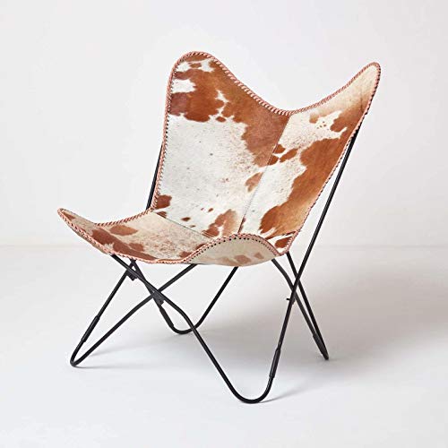 HOMESCAPES Fauteuil Papillon en Cuir véritable Peau de Vache et métal, Chaise en Cuir Vintage, Fauteuil rétro, Marron et Blanc, 88 x 77 cm HOMESCAPES Fauteuil Papillon en Cuir véritable Peau de Vache et métal, Chaise en Cuir Vintage, Fauteuil rétro, Marron et Blanc, 88 x 77 cm