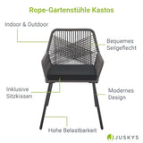 Juskys Ensemble de 2 chaises de Jardin Kastos en Corde - Chaise d'extérieur avec accoudoir et Coussin - Chaise de Jardin supportant 150 kg - Jardin, Balcon - chaises Grises