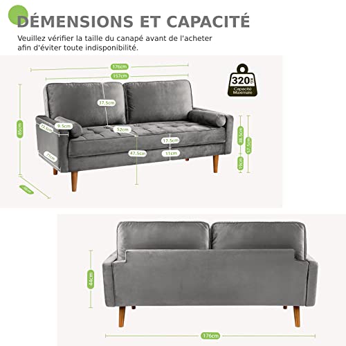 Canapé 2 Places Vesgantti Velours Gris | 165cm | Style Scandinave | Pieds Bois Massif | Assemblage Facile