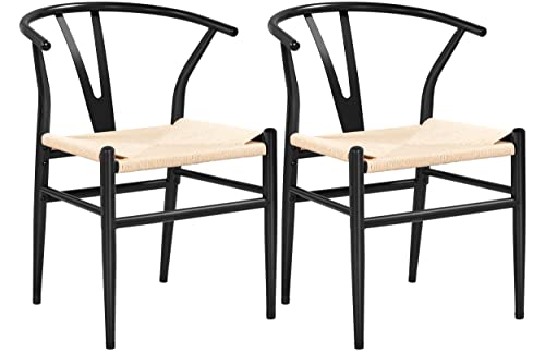 Yaheetech Lot de 2 Chaises de Salle à Manger Corde de Papier Cadre en Métal Ensemble de Chaises en Corde Intérieur Dossier Demi-Circulaire Cuisine Salon 54,5 × 57 × 73,5 cm Noir et Bois
