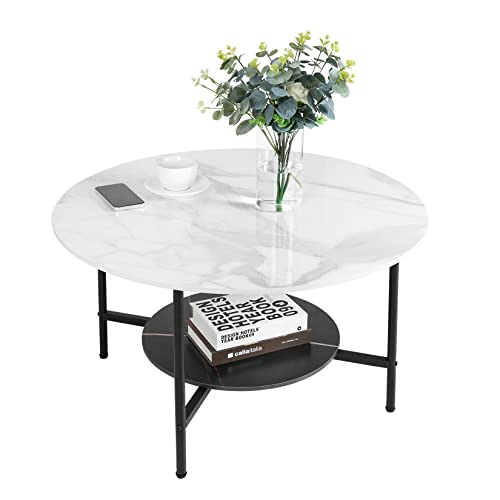 FATIVO Table Basse Ronde Marbre Salon: Table Café Industrielle Design Table Basse Blanche Moderne Scantinave en Pierre Frittée Grand Plateau pour Salon Bureau Café - φ80x48cm Noir