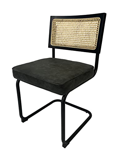 Sensoreve - Chaise TOLIMAN Cannage & Coussin Confort pour Salon/Salle à Manger, Tissage en Cannes de rotin Naturel, Cadre en Bois Naturel (Bois Noir/Assise Cuir Gris)