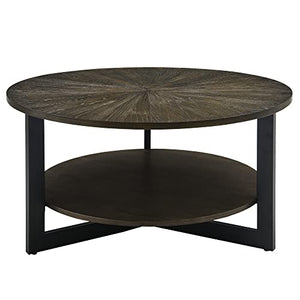 PADMA HOUSE Table basse ronde en bois massif, de salon, canapé, structure métal, à 2 étages, (vintage noir), ⌀85*45,5 cm, (1336)