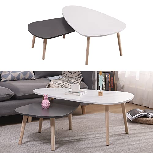 ShiShi Lot de 2 Table Basse Gigogne Scandinave, Table d ShiShi Lot de 2 Table Basse Gigogne Scandinave, Table d'appoint Assis sur Le Sol, Table de Salon avec Peids en Hêtre, Tables Gigogne en Bois, Table Basse Moderne (Blanc 98×64×40 cm, Gris 88×48×34 cm)