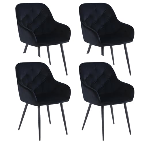 Colenis - Iris chaises de Salle à Manger - Lot de 4 - Noir - rembourrées en Velours avec accoudoirs et Pieds en métal - pour Salon - réception - Bureau - Velours