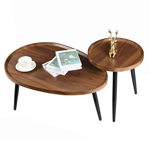 FATIVO Table Basse Salon en Bois: Lot de 2 Table Gigogne Industrielle Lot de 2 Table d’Appoint Ovale de Café Design Moderne Guéridon Rond pour Salon Bureau Chambre - Noyer/Noir